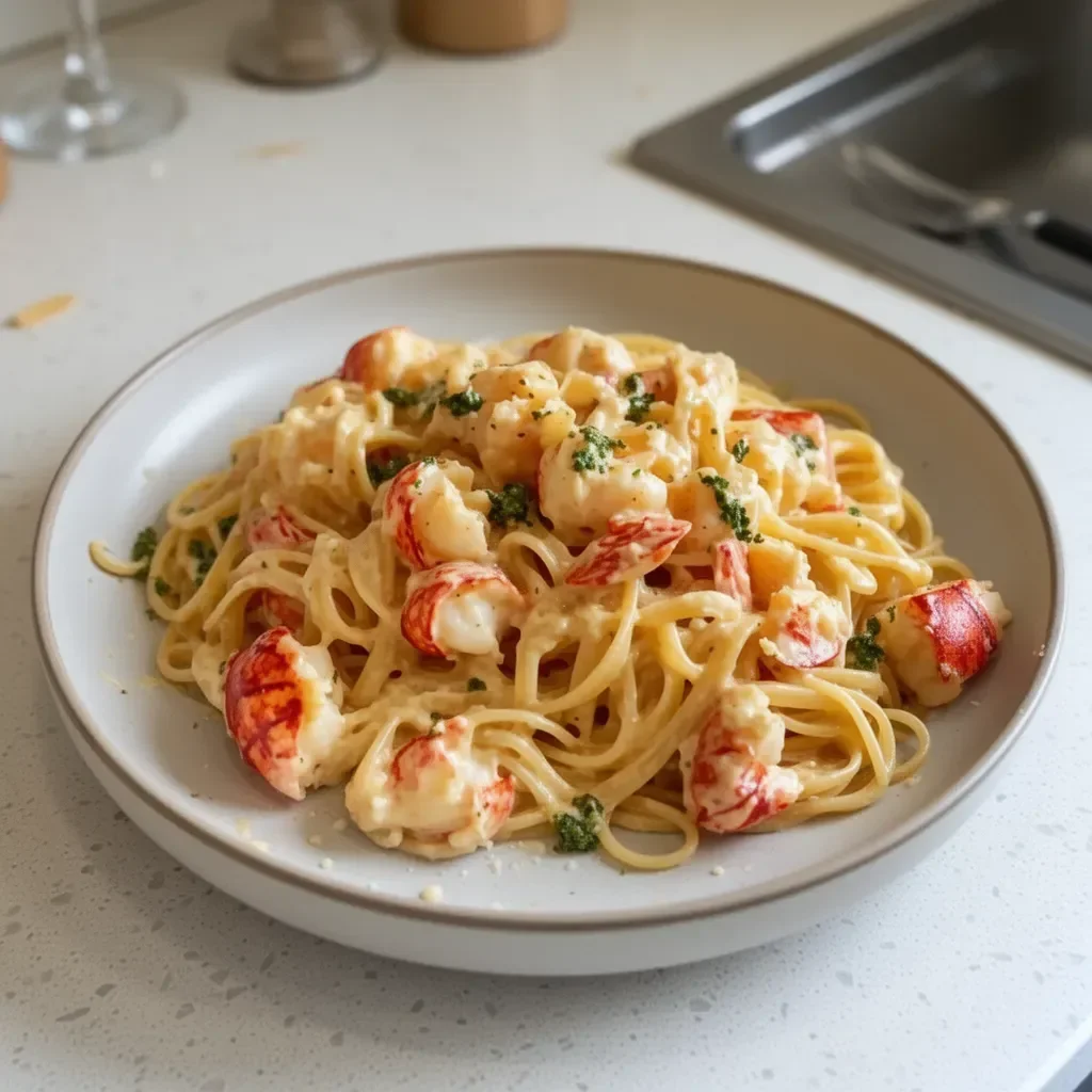 Plate of creamy buttered lobster pasta garnished with herbs
