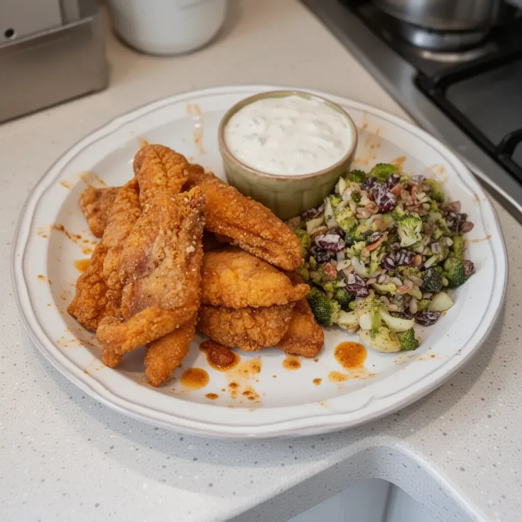 Plate of delicious Cajun fried catfish with sides
