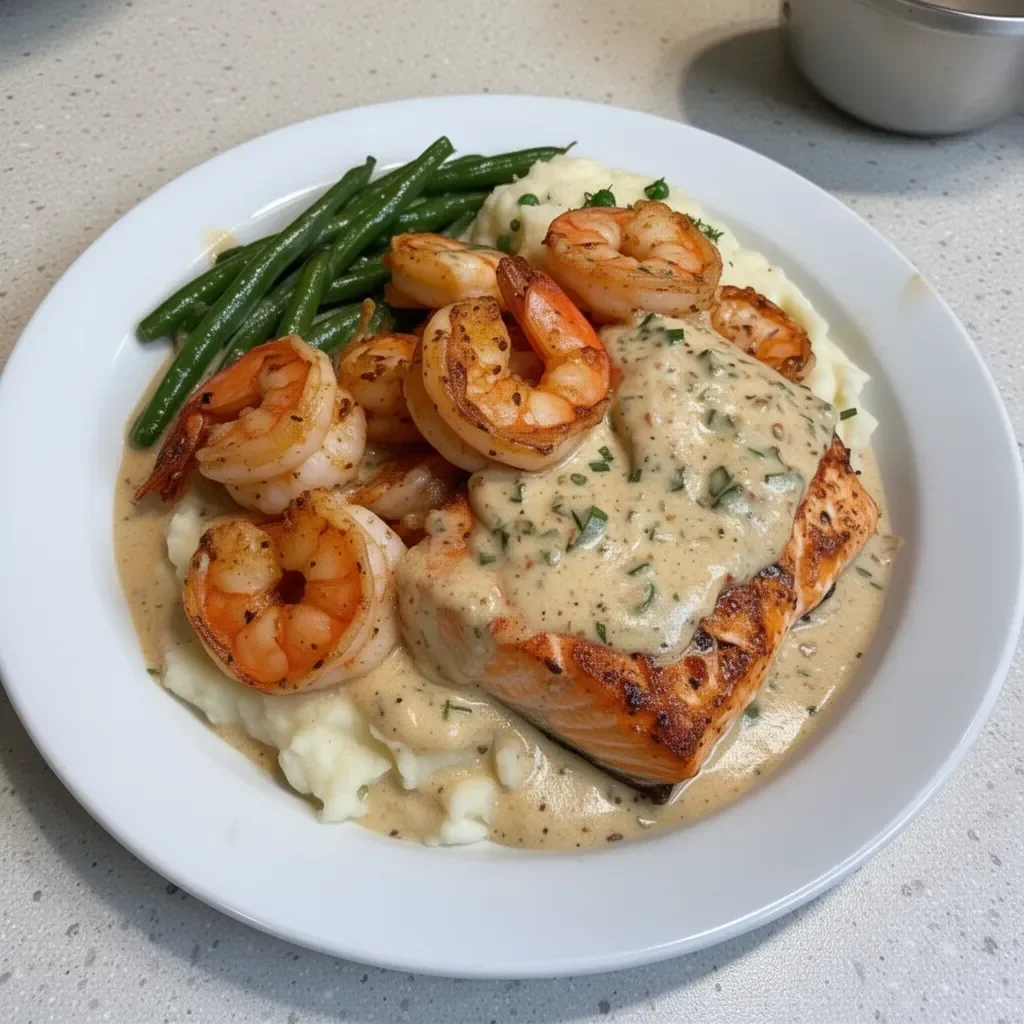 Cajun shrimp and salmon served with garlic cream sauce