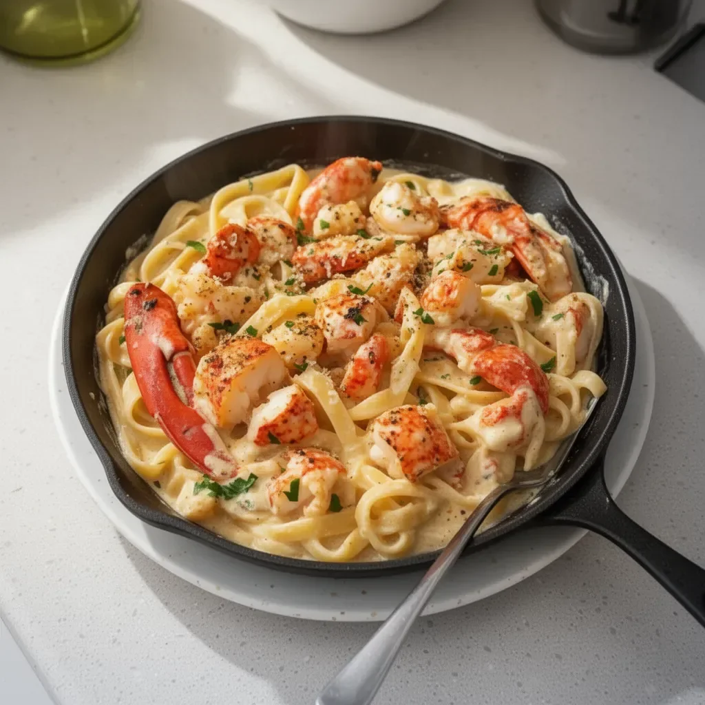 Cajun-style seafood alfredo pasta dish with shrimp and scallops