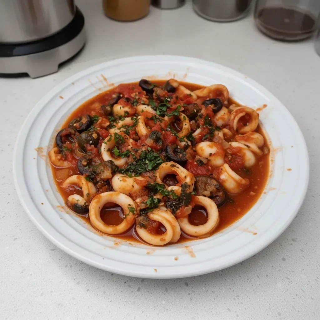 Plate of calamari served in a rich puttanesca sauce with olives and capers