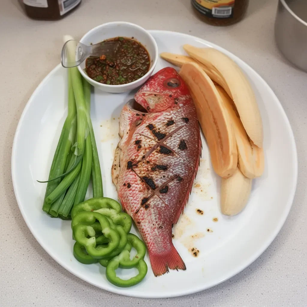 Caribbean grilled whole red snapper garnished with tropical vegetables