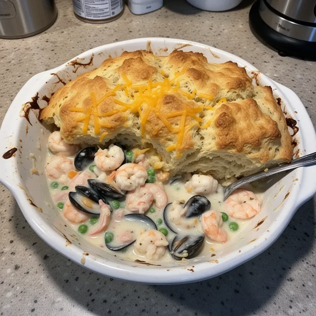 Cheddar Bay Biscuit Seafood Pot Pie topped with flaky biscuit crust