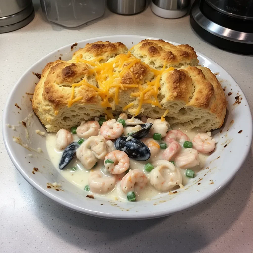 Cheddar Bay Biscuit Seafood Pot Pie with flaky crust and creamy filling