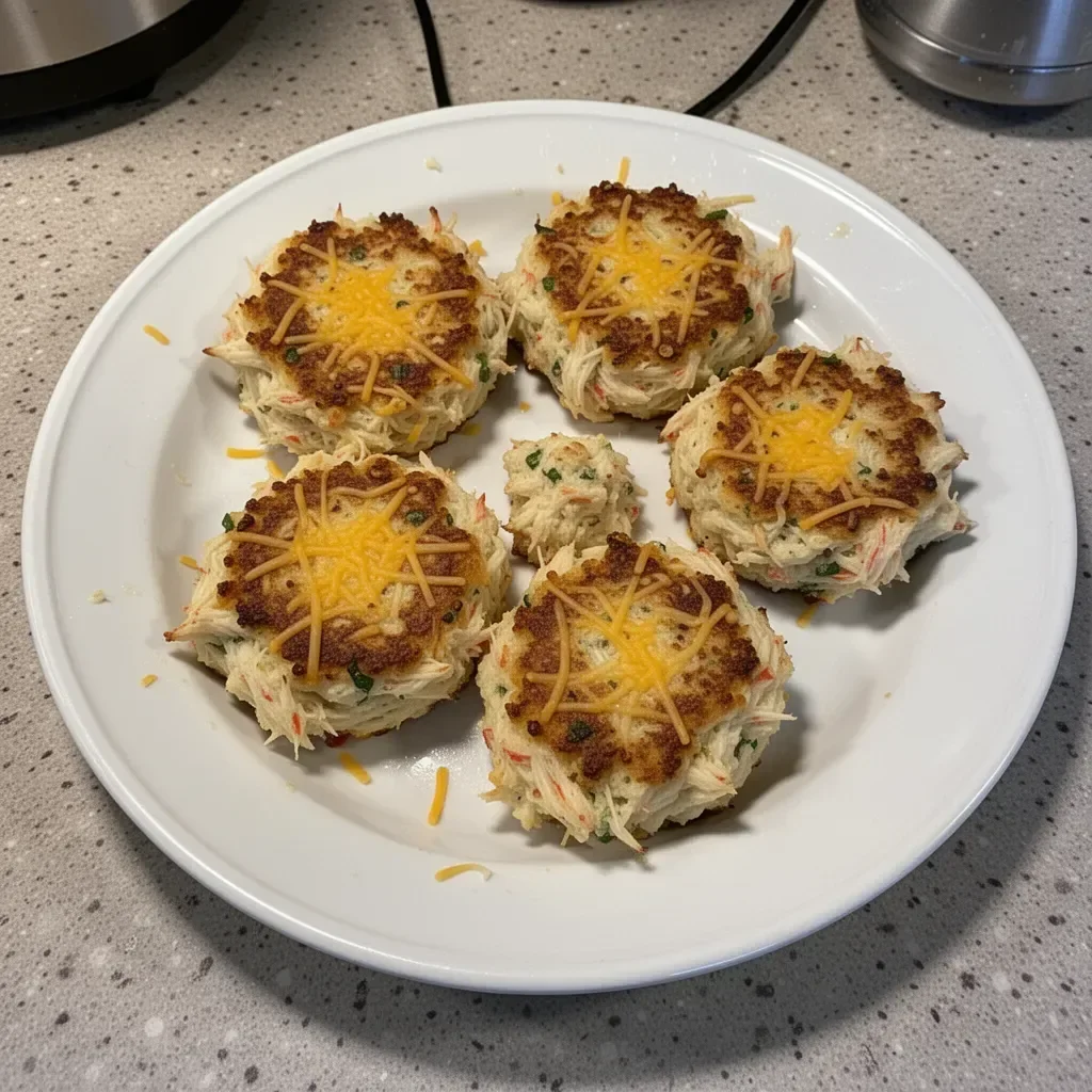 Delicious Cheddar Bay Crab Cakes served on a plate with lemon wedges.