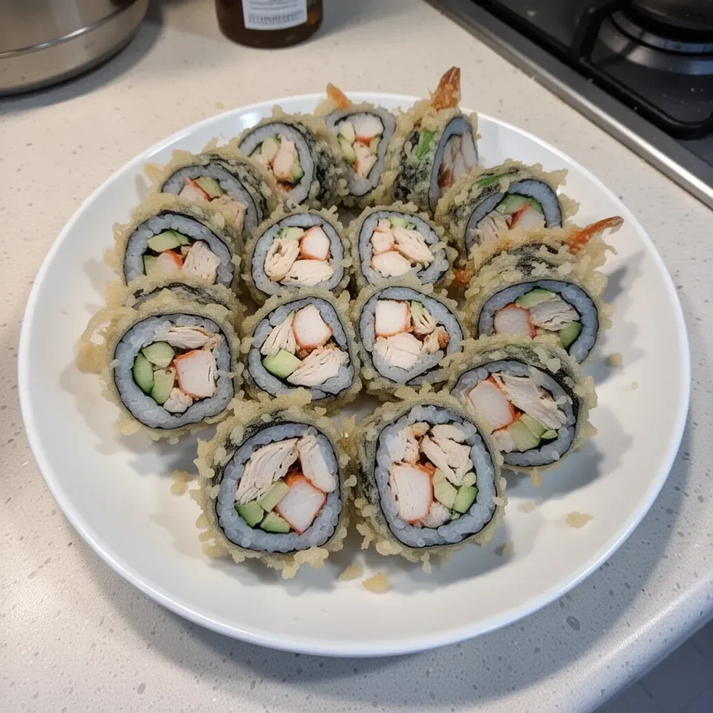 Delicious Chicken Tempura Roll served with dipping sauce and garnishes