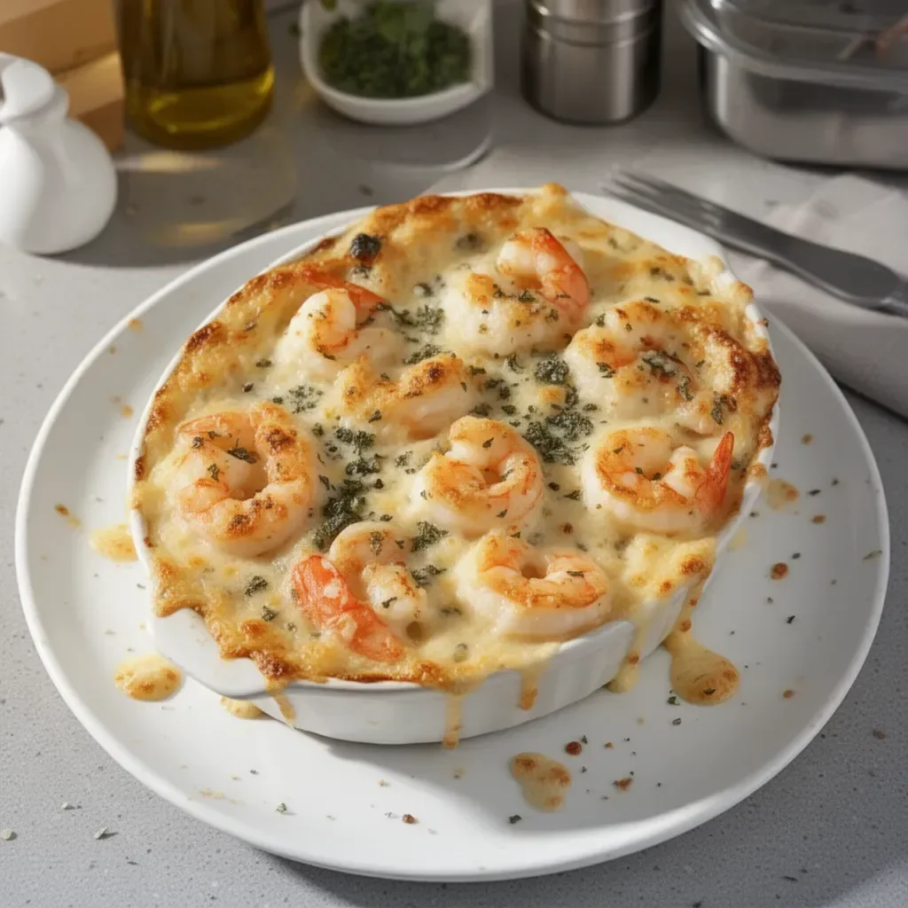 Delicious Classic Seafood Gratin with creamy sauce and crispy topping