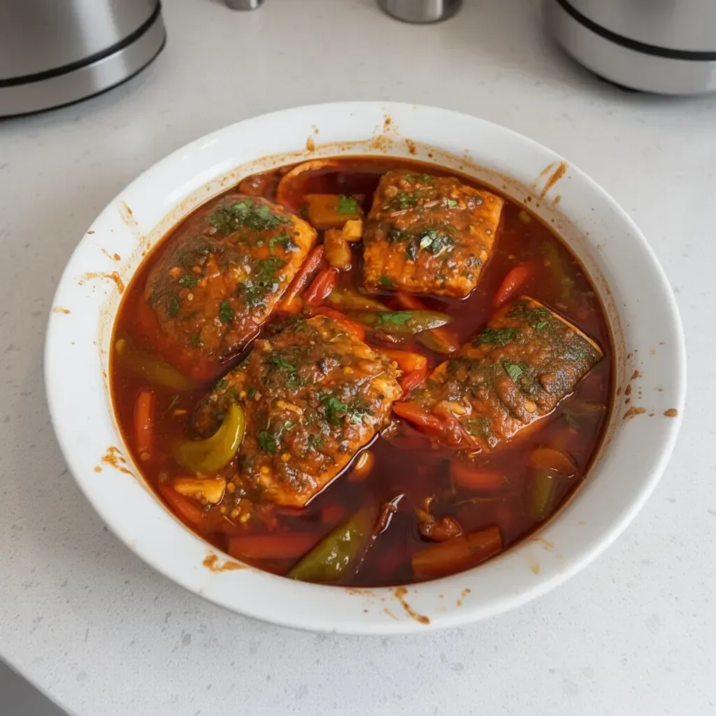 Classic Spicy Moroccan Fish in Rich Sauce served in a traditional dish