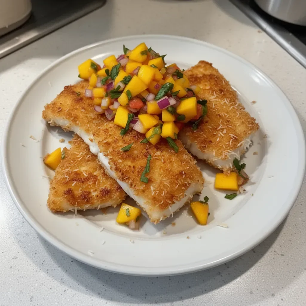 Coconut crusted fish with vibrant mango salsa on a plate
