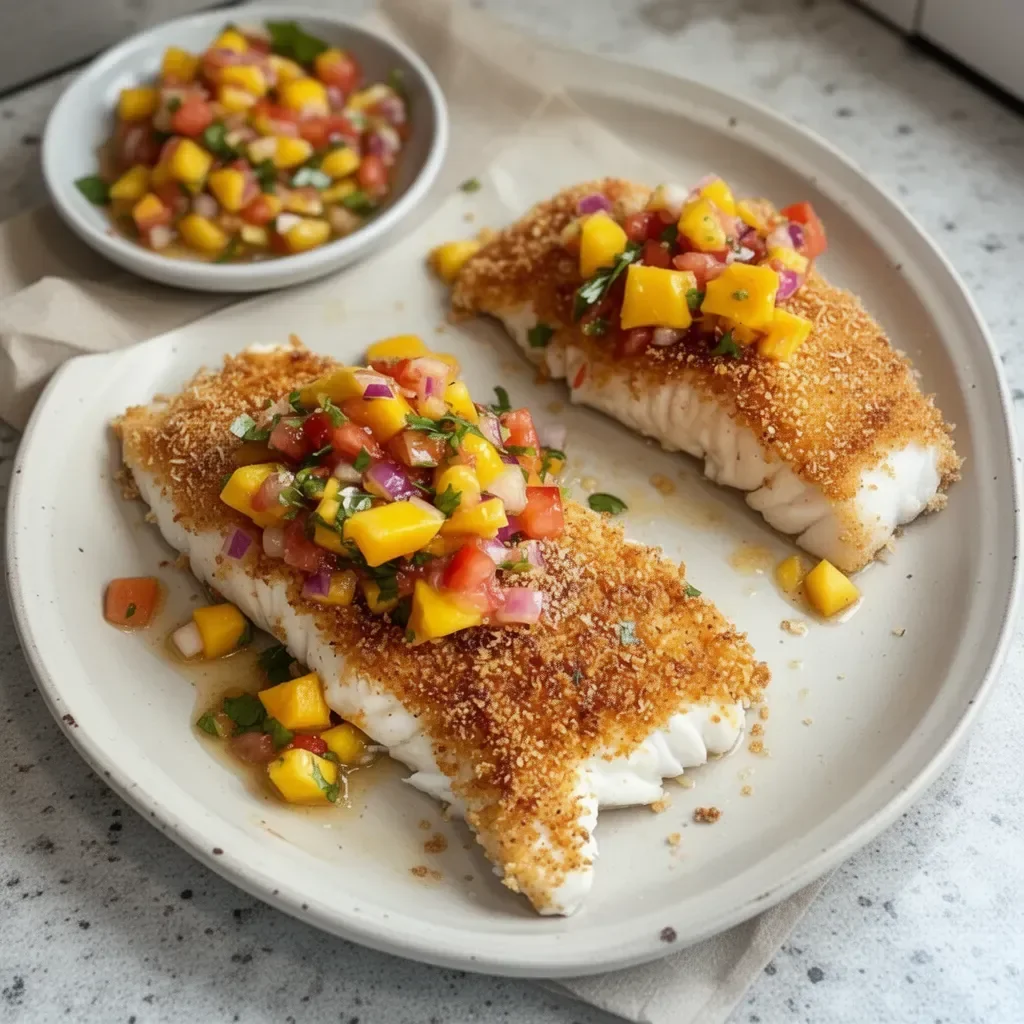 Coconut Crusted Fish served with vibrant Mango Salsa on a plate.