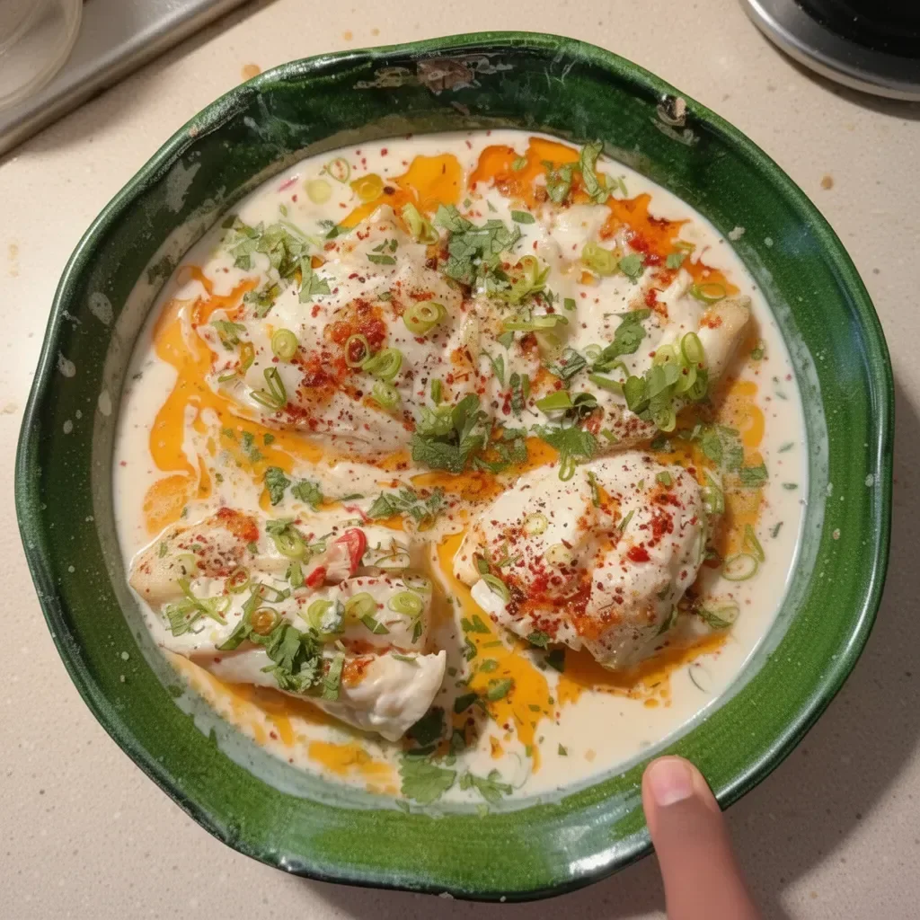 Coconut milk poached fish served with fresh herbs and spices