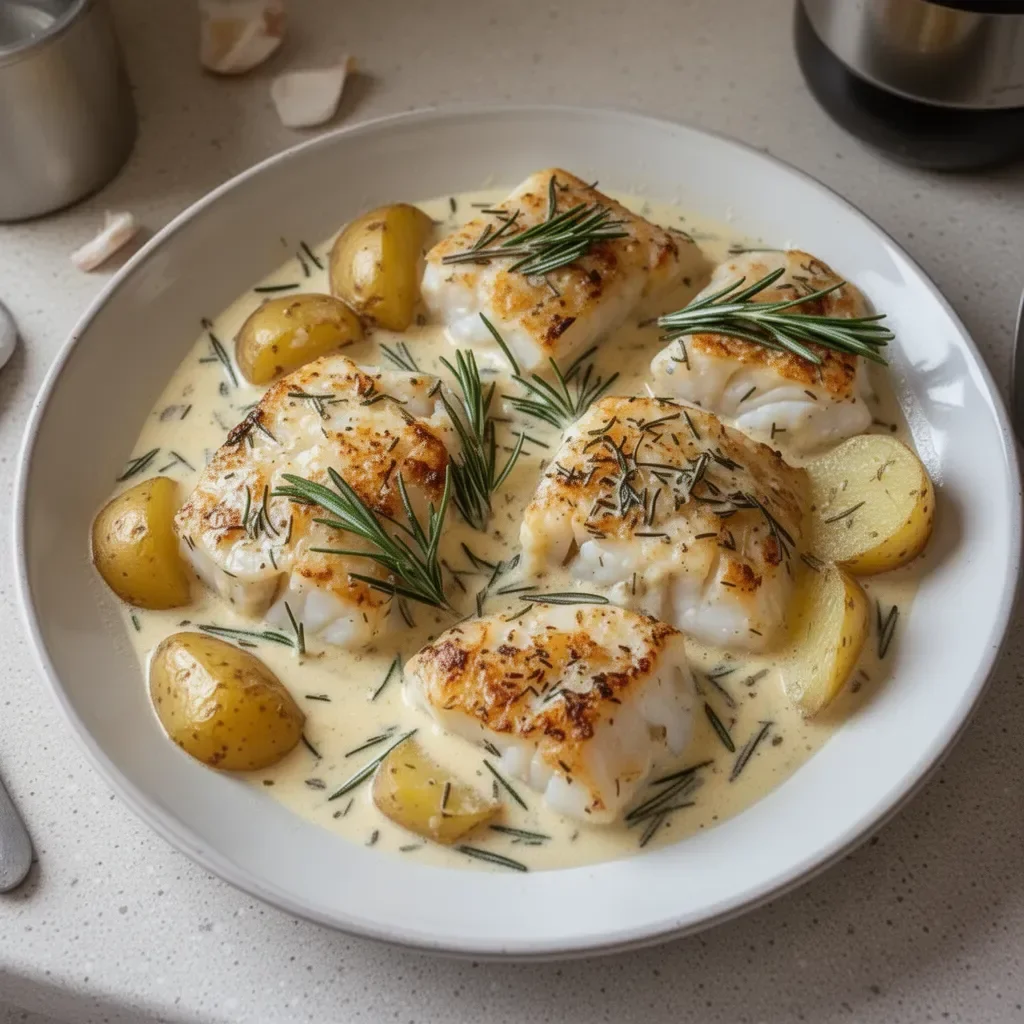 Delicious Cod & Potatoes in Rosemary Cream Sauce served on a plate.