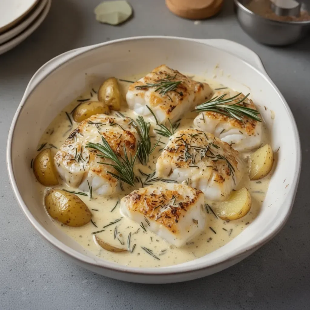 Cod and potatoes served in rosemary cream sauce, garnished with fresh herbs.