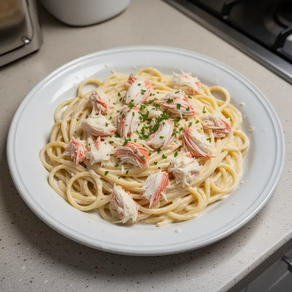 Delicious Crab Alfredo pasta with creamy sauce and crab meat