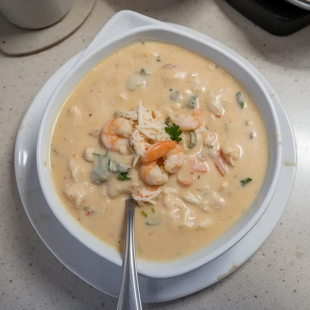 Delicious crab and shrimp seafood bisque served in a bowl