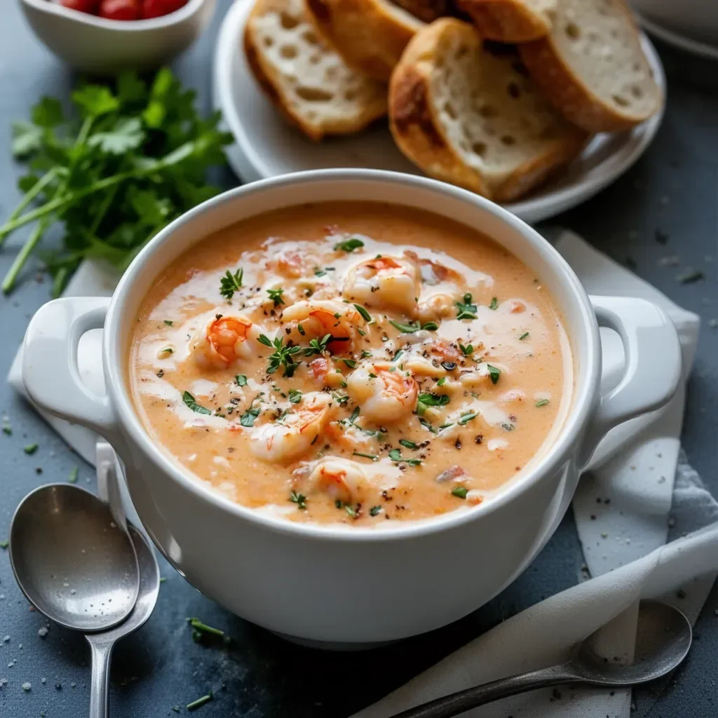 Delicious Crab and Shrimp Seafood Bisque in a bowl garnished with herbs
