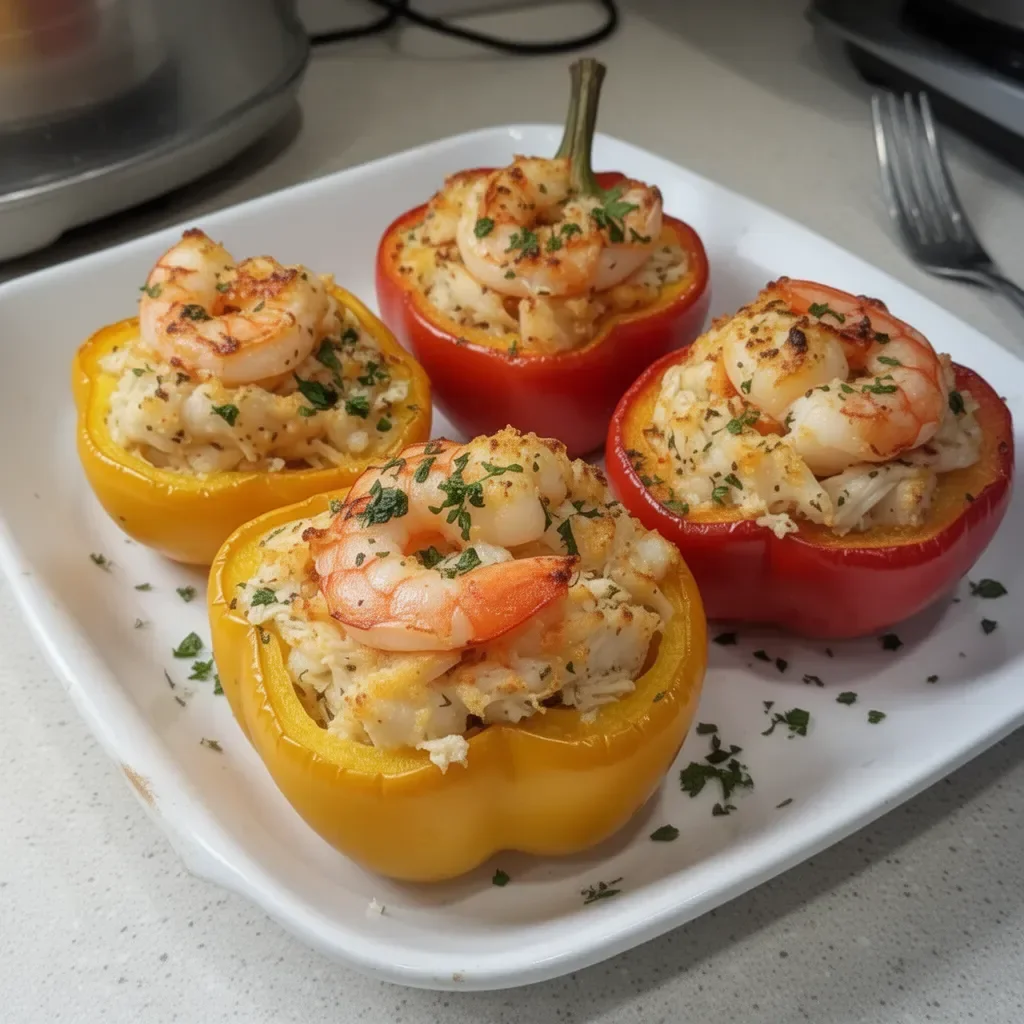 Crab and shrimp stuffed bell peppers garnished and ready to serve