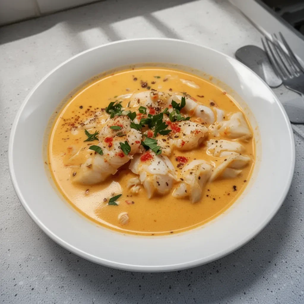 Delicious bowl of crab bisque served with fresh herbs and crusty bread.