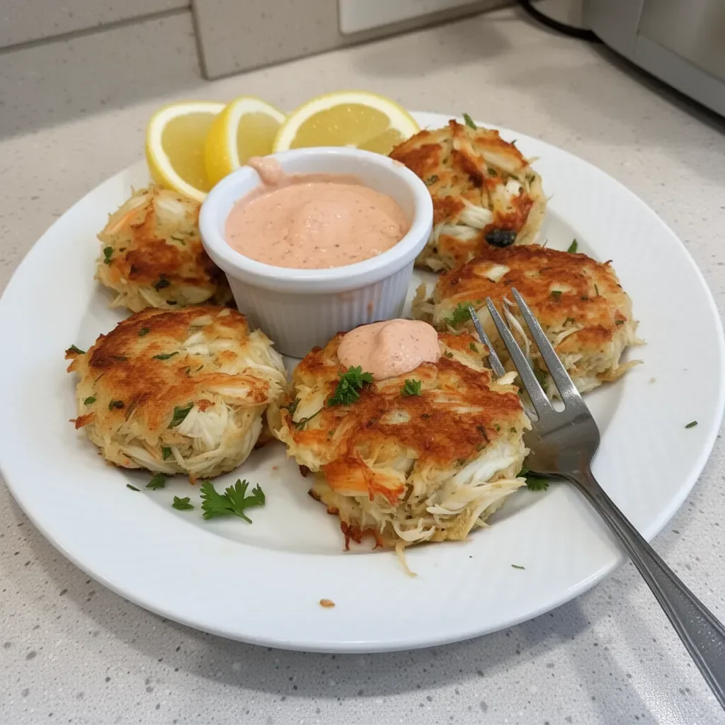 Deliciously golden brown crab cakes garnished and ready to serve.