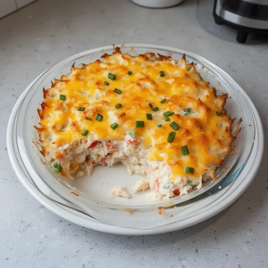 Delicious crab casserole baked to perfection with a creamy topping