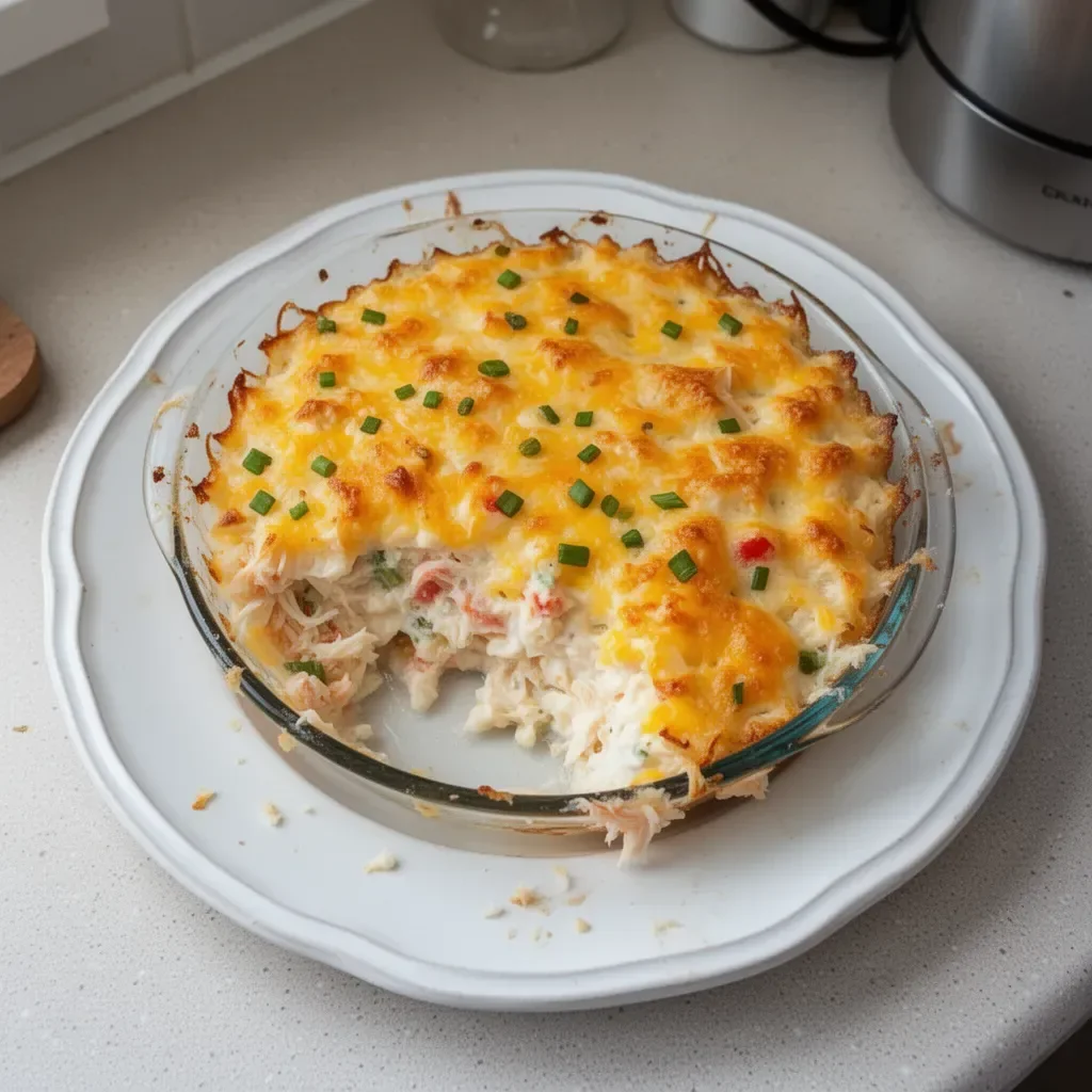 Delicious crab casserole served in a creamy sauce with seafood toppings.