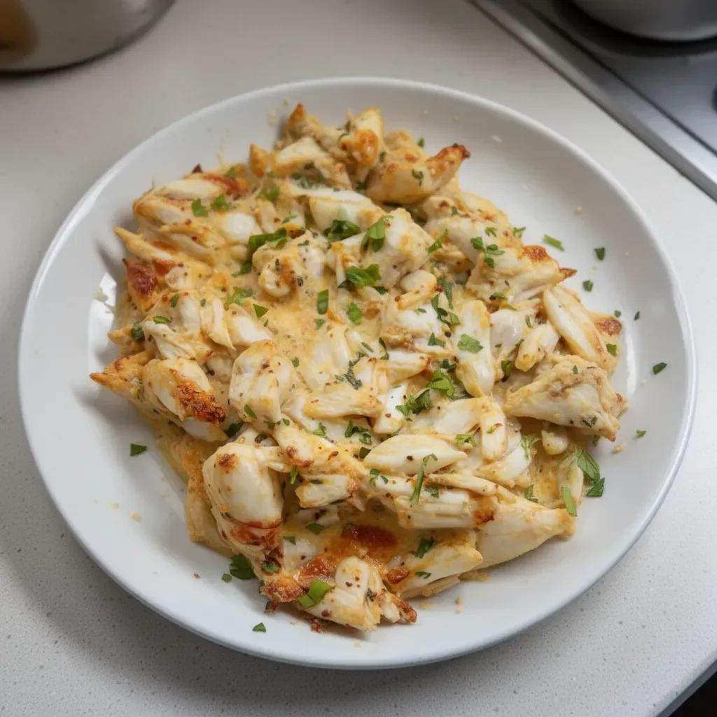 Delicious Crab Imperial dish served on a plate, garnished with herbs.
