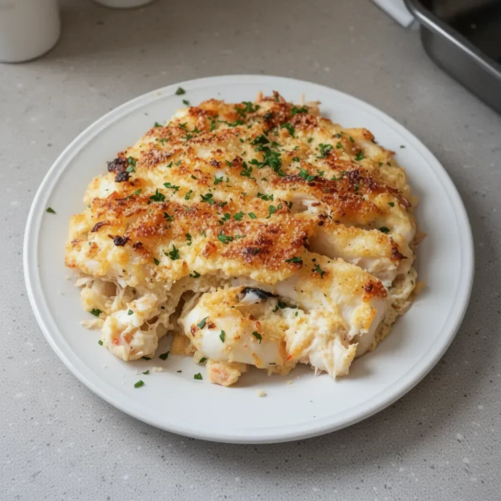 Delicious Crab Imperial served in a dish with creamy sauce and crabmeat