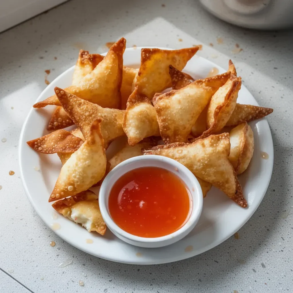 Deliciously crispy Crab Rangoon filled with creamy crab and served with dipping sauce