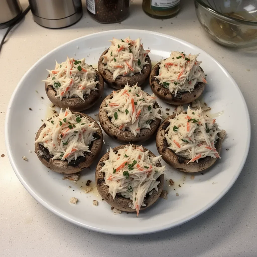 Delicious crab stuffed mushrooms garnished and ready to serve.