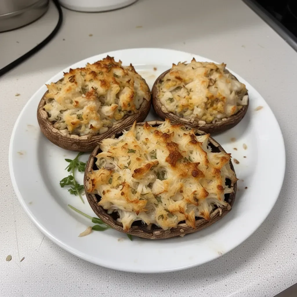 Delicious crab-stuffed portobello mushrooms garnished for a tasty appetizer.