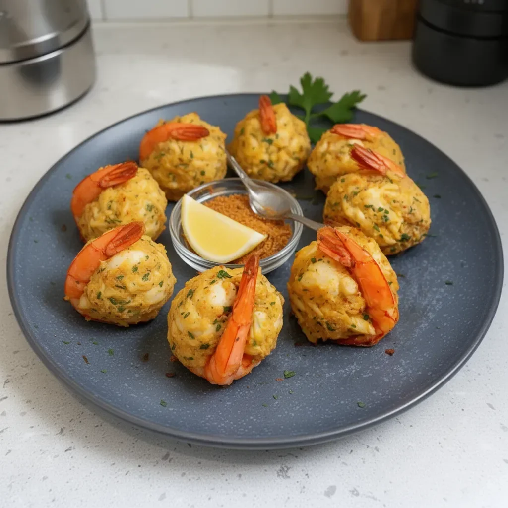 Plate of crab stuffed shrimp garnished with herbs and lemon wedges