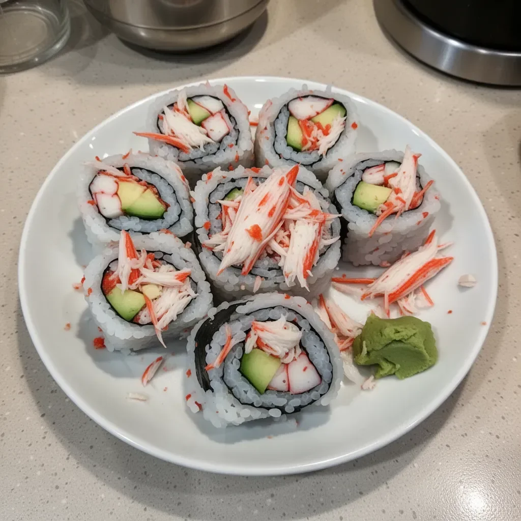 Fresh crab sushi rolls served on a plate with garnishes