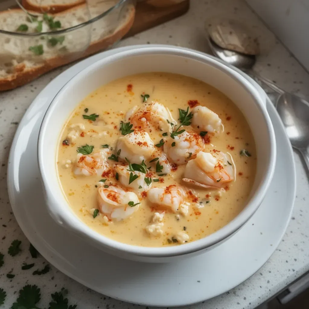 Bowl of creamy crab and shrimp bisque garnished with fresh herbs