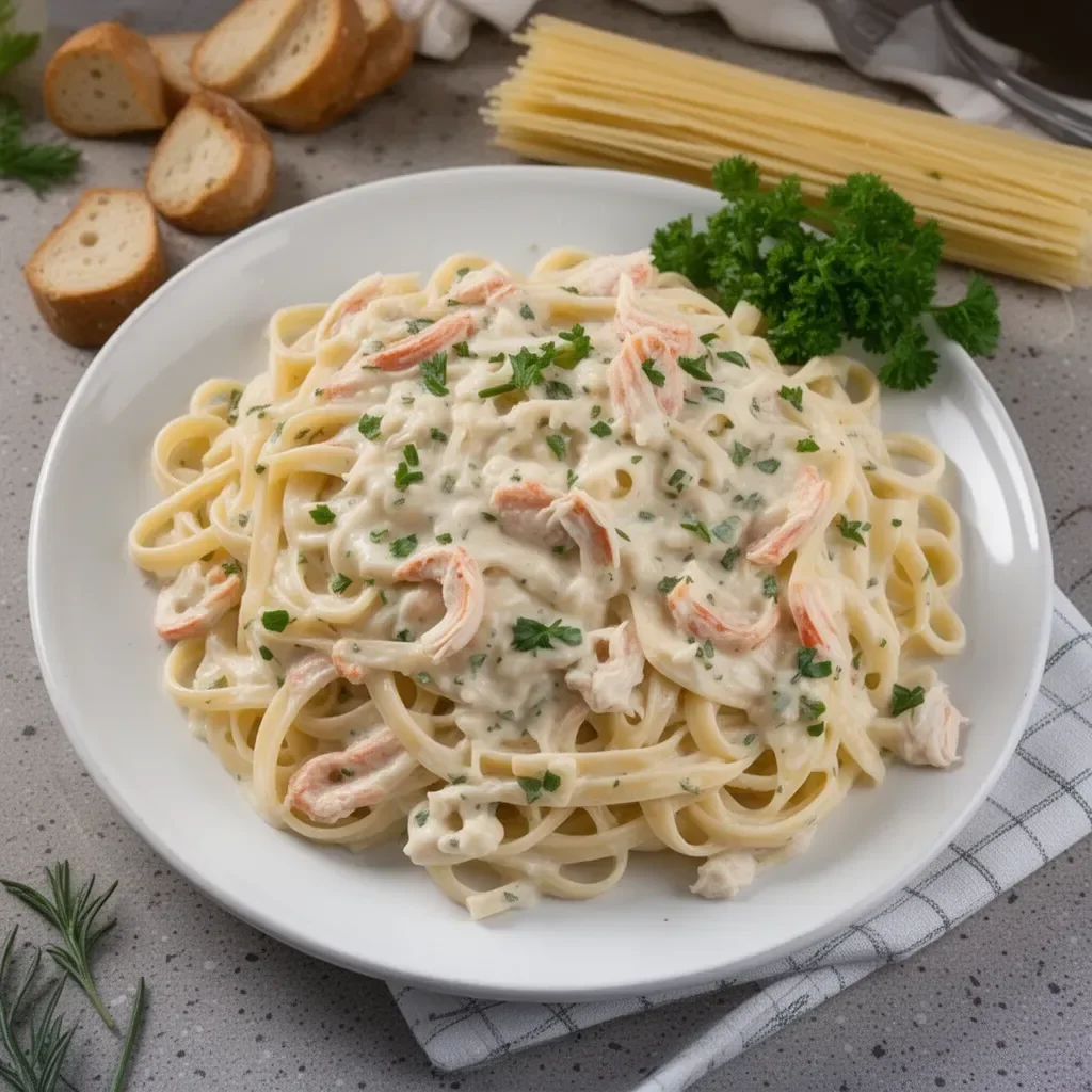 Delicious creamy crab fettuccine Alfredo garnished with parsley