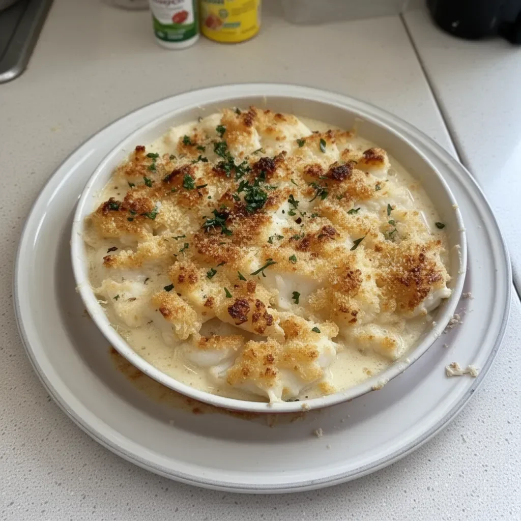 Delicious creamy Crab Imperial topped with herbs and served in a baking dish