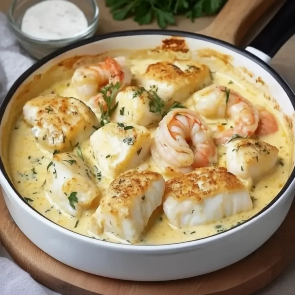 Creamy garlic butter cod and shrimp skillet dish garnished with herbs