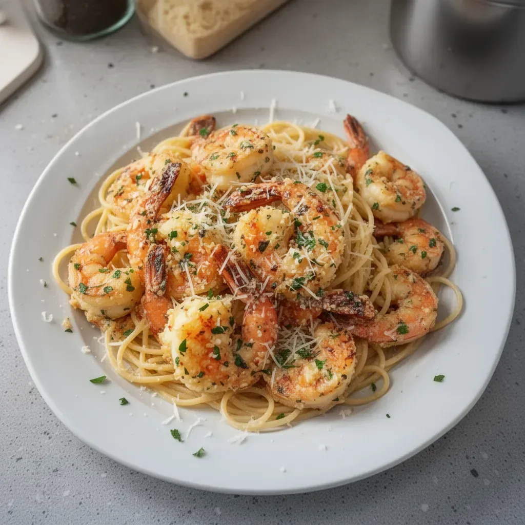 Creamy Garlic Parmesan Shrimp Pasta served in a bowl garnished with parsley.