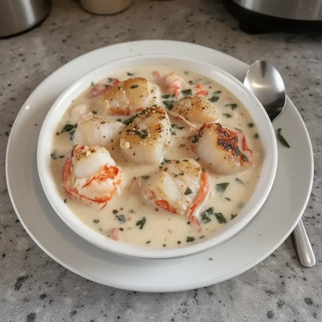 Creamy lobster and scallop chowder served in a bowl, garnished with herbs