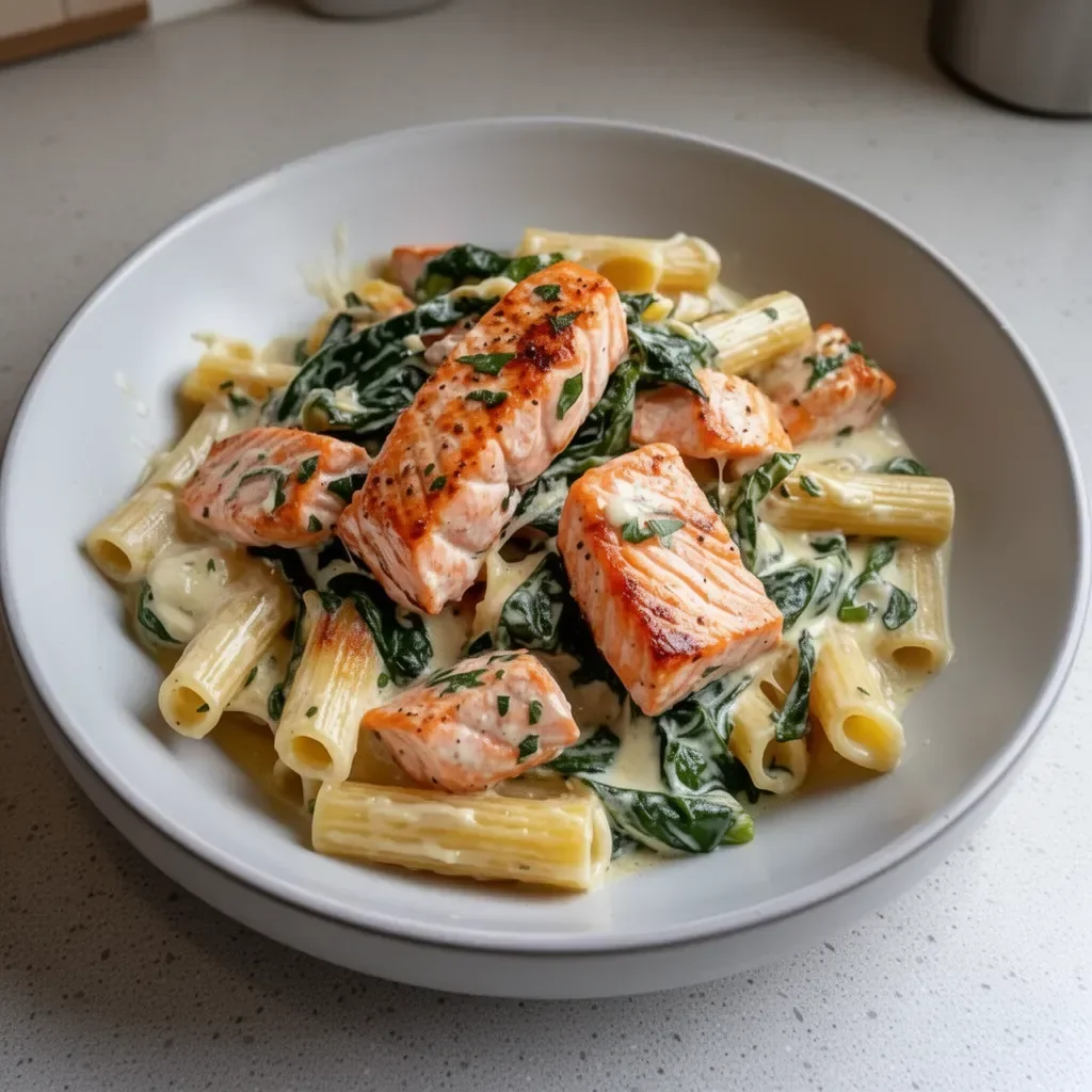 Creamy salmon pasta garnished with fresh herbs in a white bowl