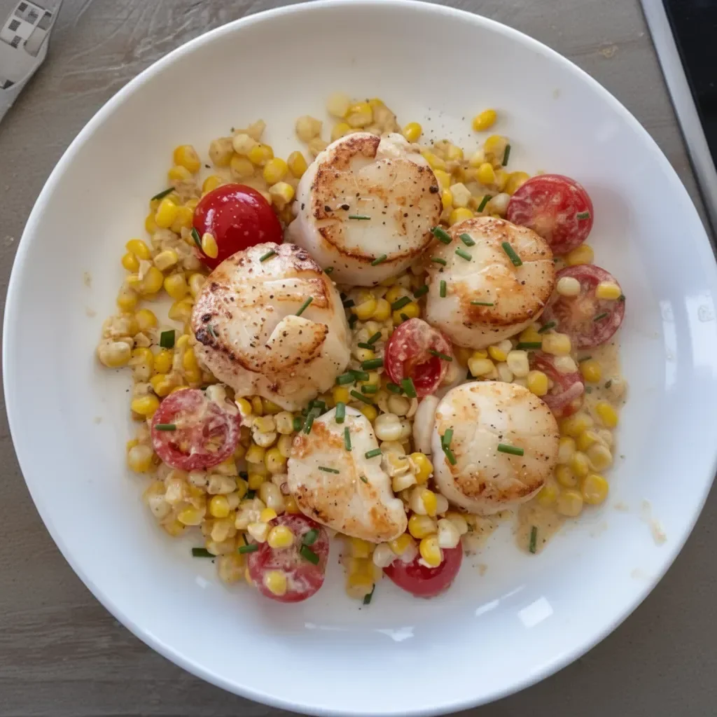 Creamy scallops served with fresh corn and tomatoes in a delicious dish.