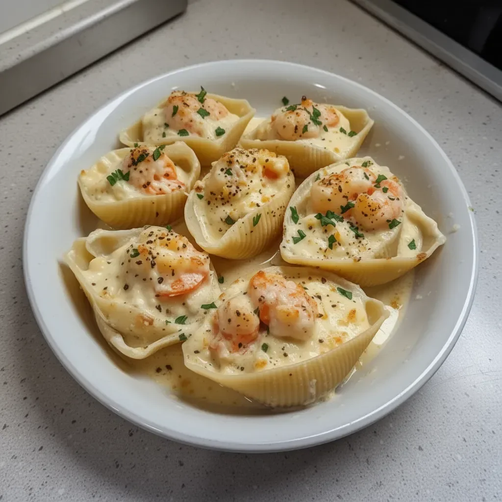 Plate of creamy seafood stuffed shells topped with sauce and herbs