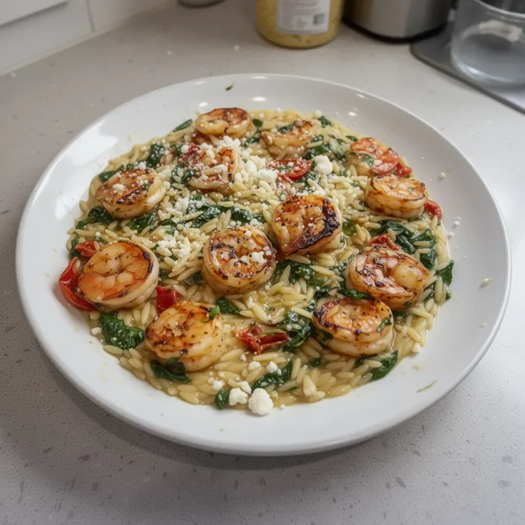 Creamy shrimp orzo with lemon and feta dish garnished and ready to serve.