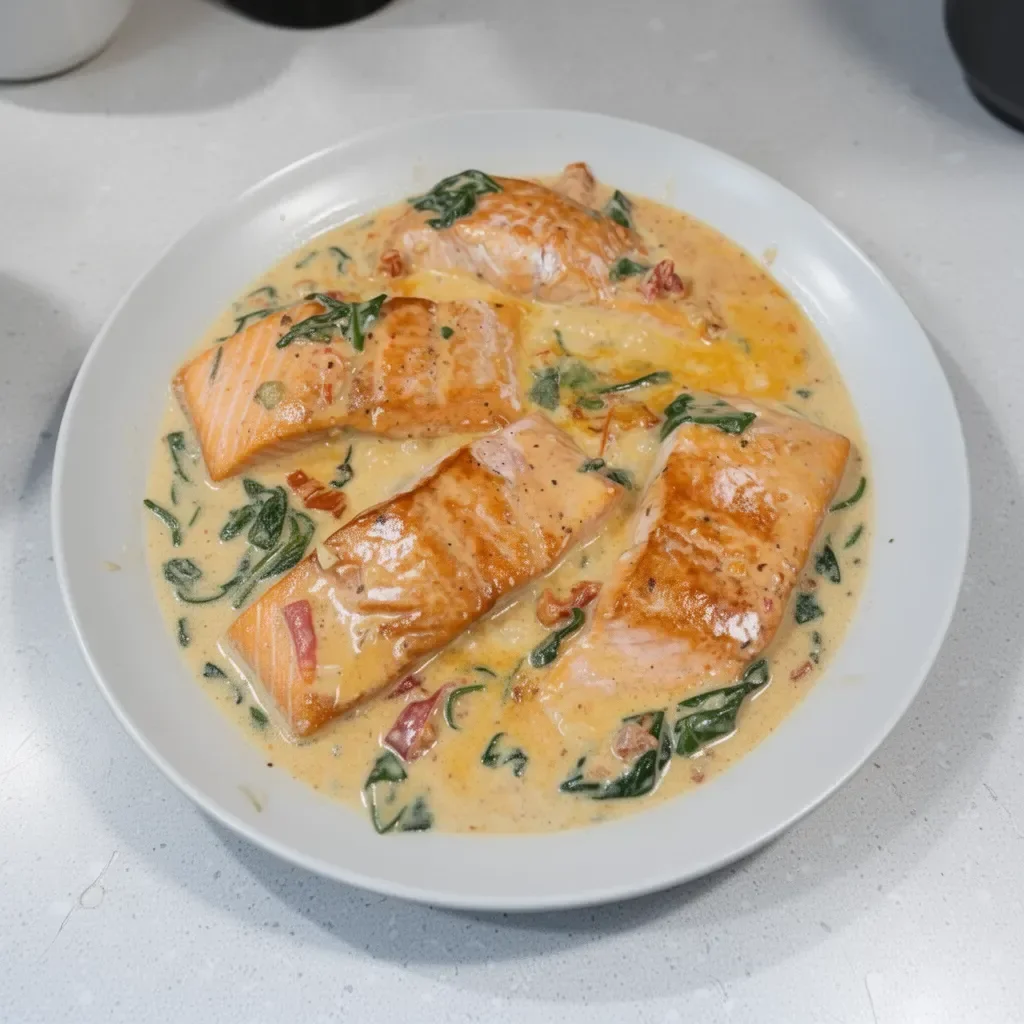 Creamy Tuscan salmon dish served with fresh herbs and spinach