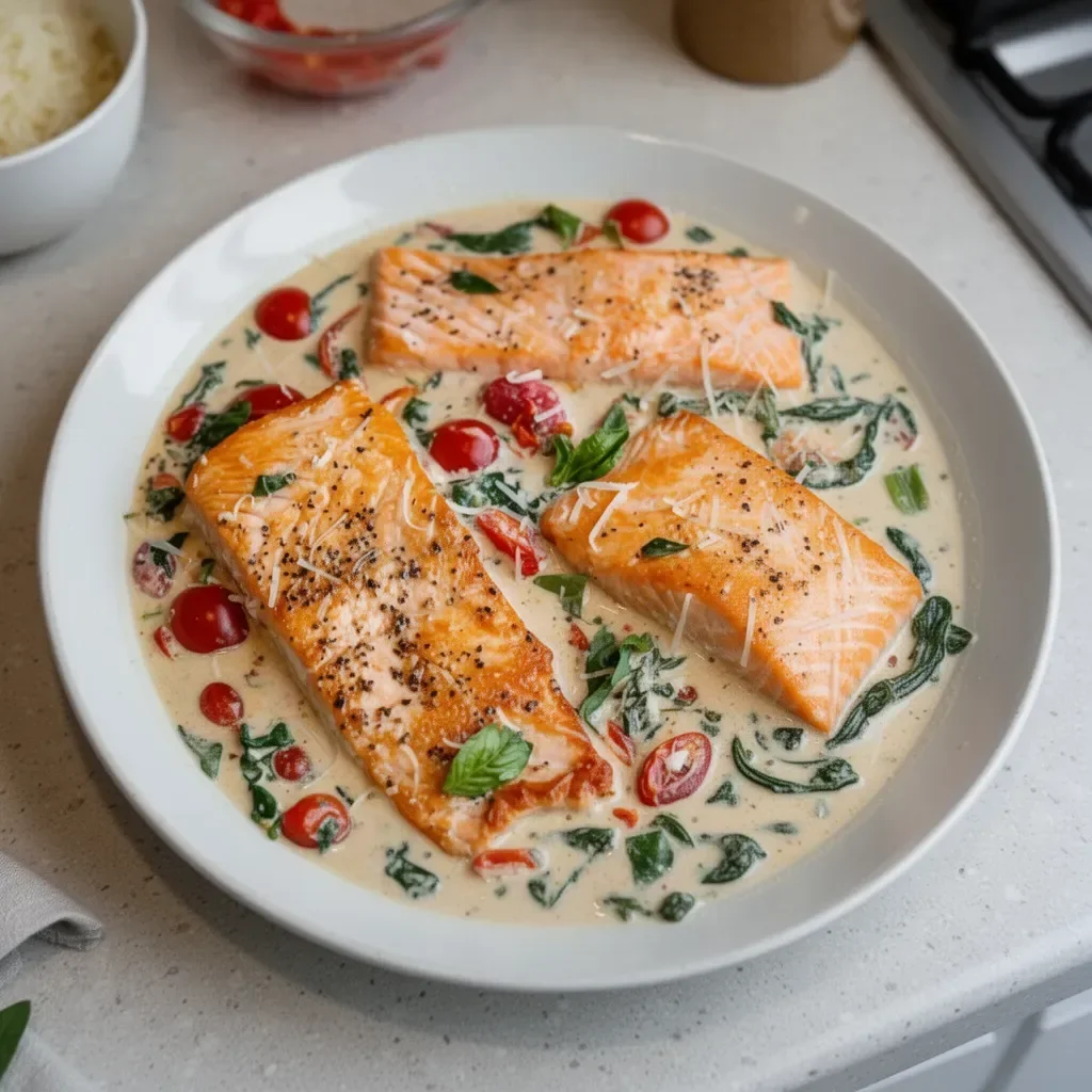 Creamy Tuscan salmon garnished with spinach and sun-dried tomatoes
