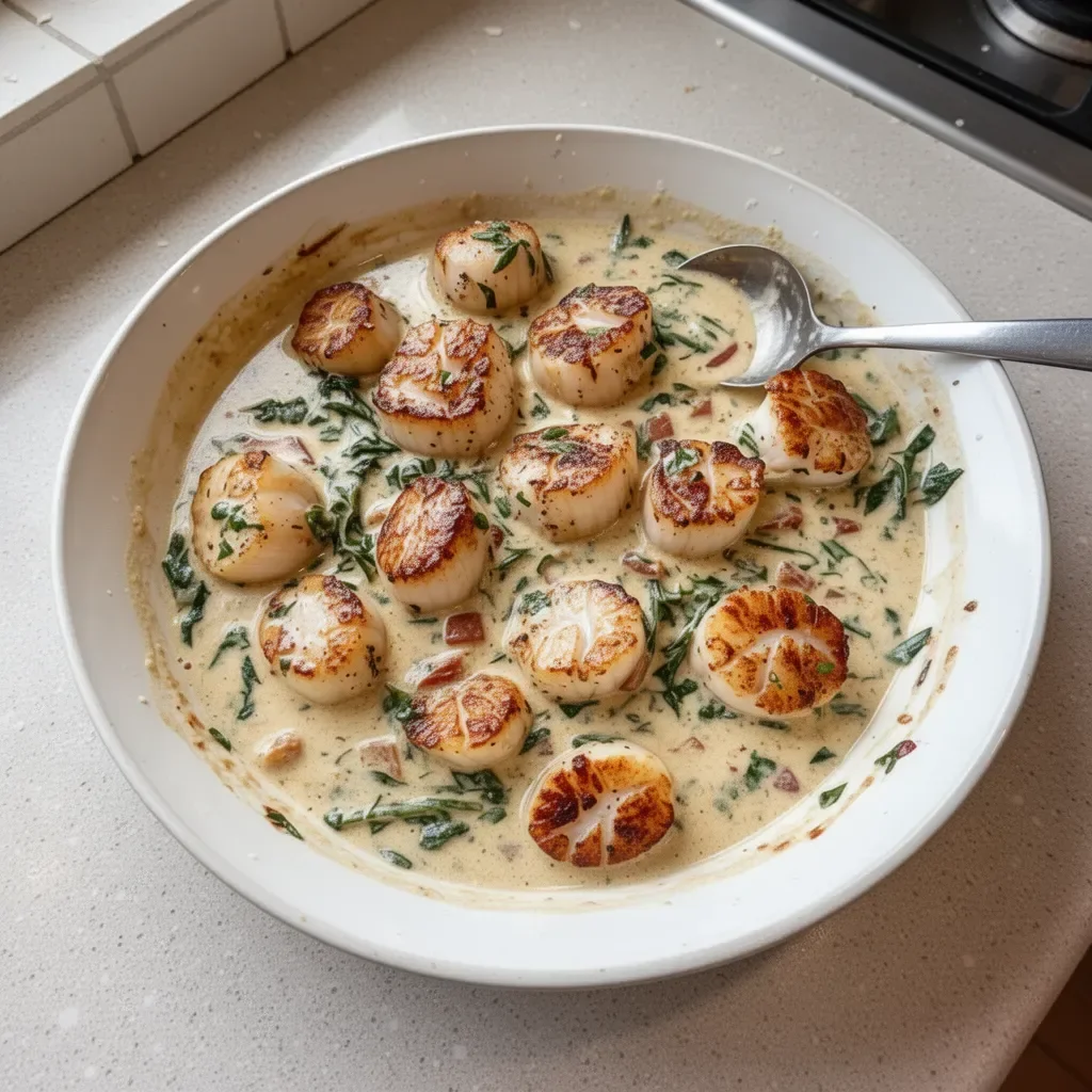 Delicious creamy Tuscan scallops served with spinach and sun-dried tomatoes.