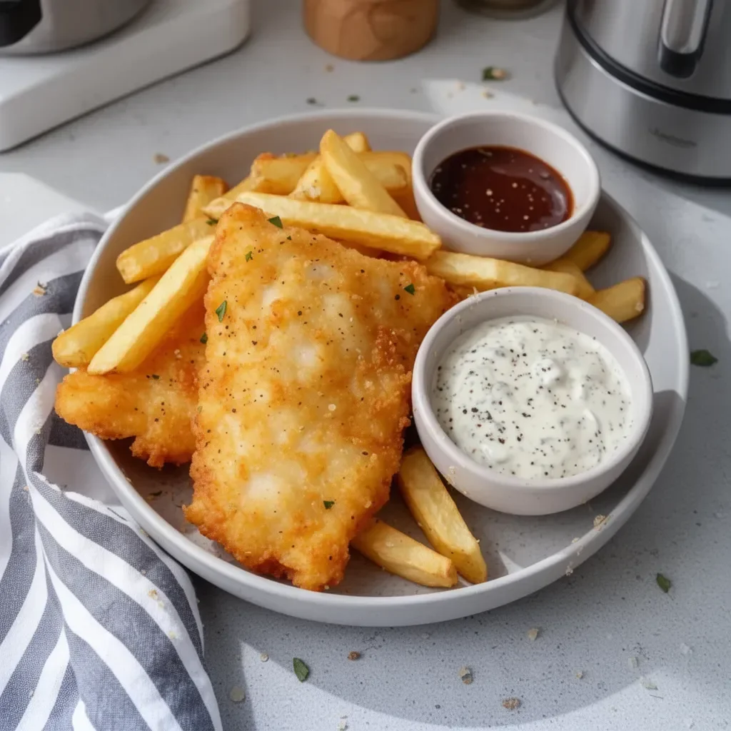 Crispy cod and chips served with a side of tartar sauce and lemon