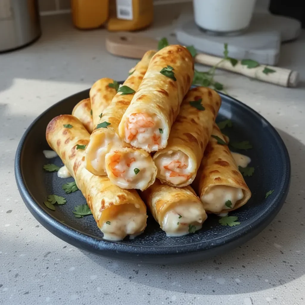 Crispy crab and shrimp queso taquitos served on a plate with dipping sauce.