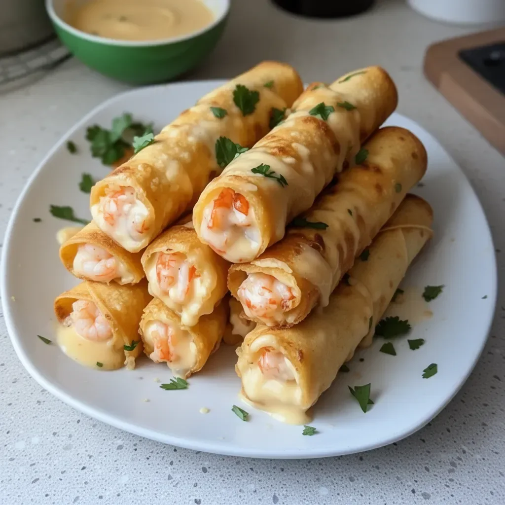 Crispy crab and shrimp queso taquitos served on a plate