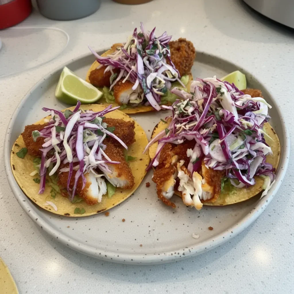 Crispy fish tacos topped with fresh ingredients and served on a plate