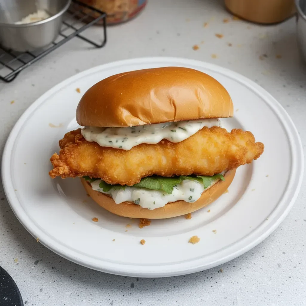 Crispy fried cod fish sandwich with fresh lettuce and tartar sauce on a bun